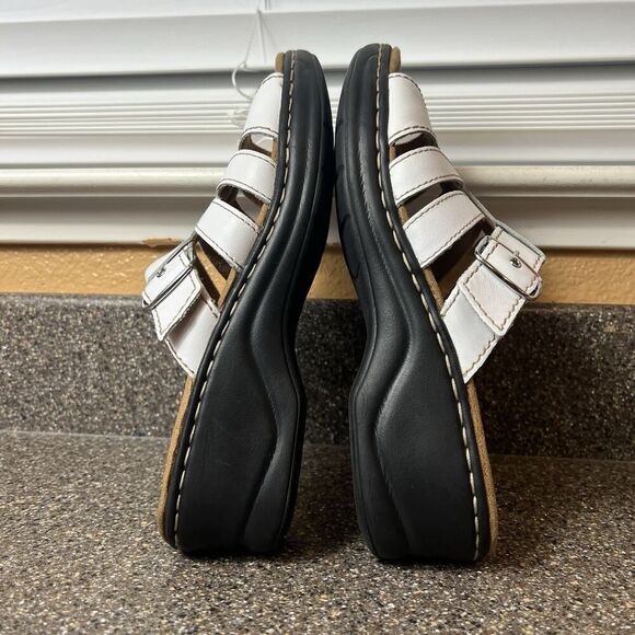 Clarks Collection Sandal Casual White Leather Slip On Open Toe Wedge Womens 9.5M - Picture 4 of 10